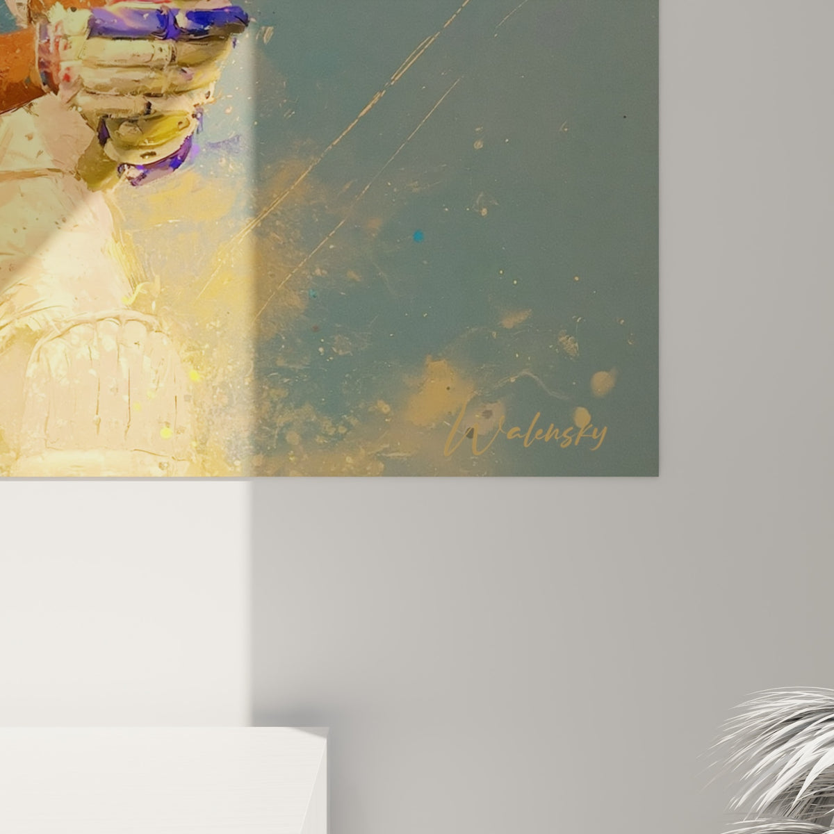 Détail du tableau Cricket montrant les coulures dorées et violettes, texture éclatée proche de la batte