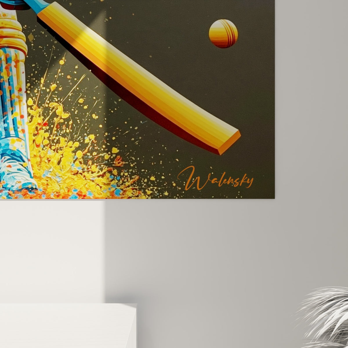 Coulures orange et bleues visibles en détail sur cette scène de cricket riche en empâtements colorés