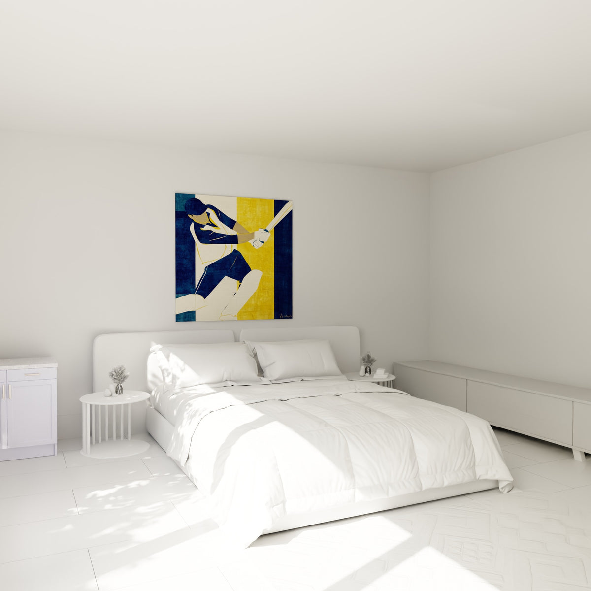 Joueur de cricket stylisé en bleu marine et jaune ocre, accroché au-dessus d'un lit dans une chambre claire