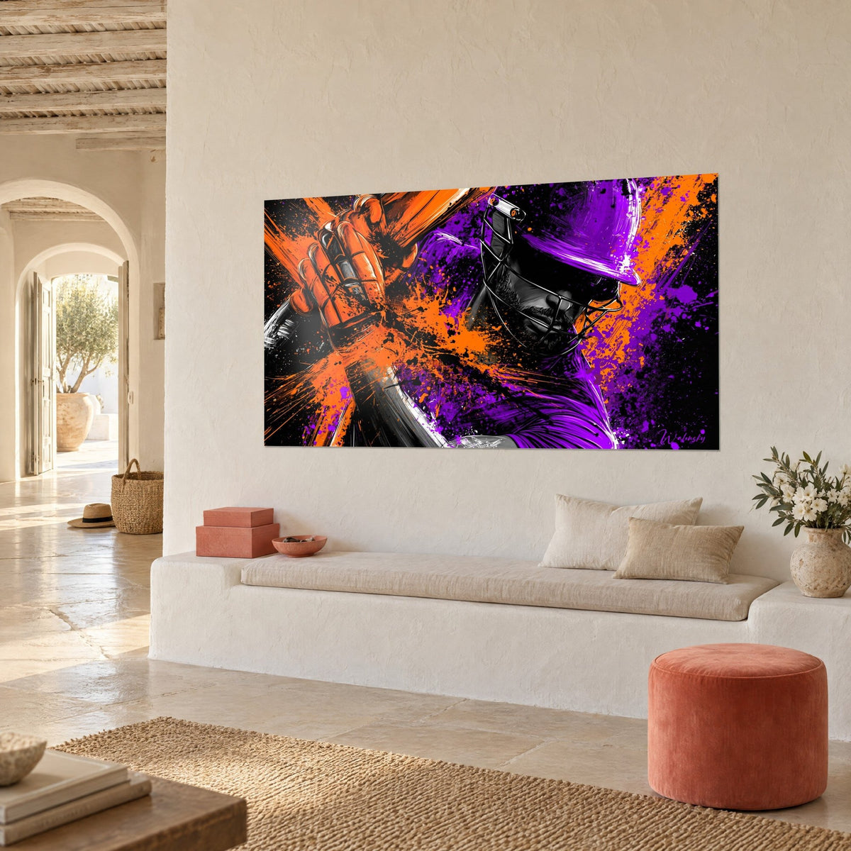 Quadro giocatore di cricket con casco viola a griglia, barba scura e bagliori arancioni vivaci, muro bianco di una casa mediterranea