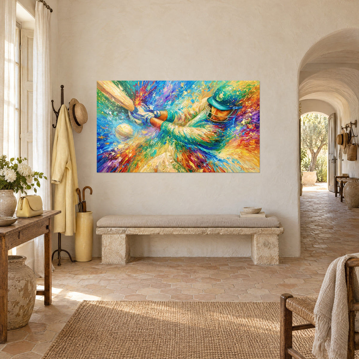 Schilderij slagman met witte sterrenhelm, blauw-wit gestreepte handschoenen, oranje en paarse achtergrond, stenen muur van een Provençaals landhuis