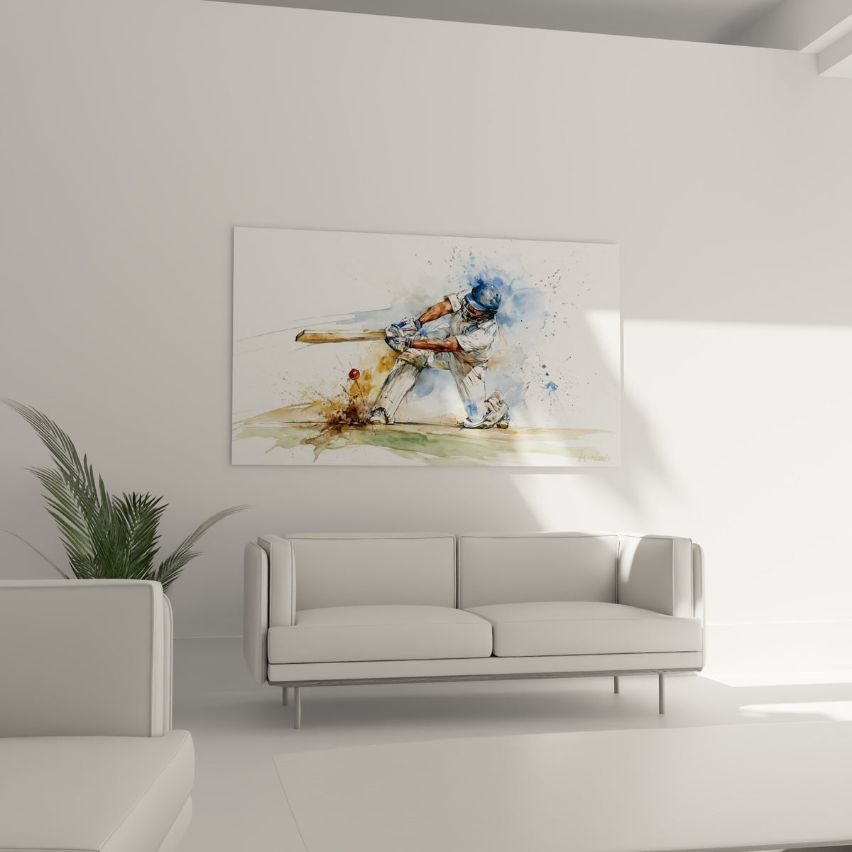 Sportif vêtu de blanc frappant la balle rouge dans un nuage bleu, au-dessus d'un canapé dans un salon lumineux
