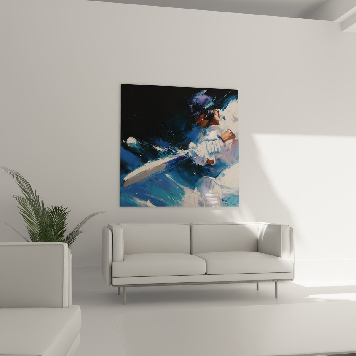 Scène de frappe bleu et blanc au couteau à peindre au-dessus d'un canapé dans un salon lumineux