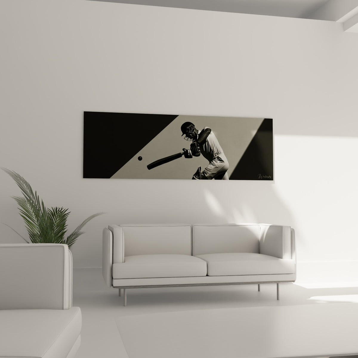 Sportif cricket penché frappant la balle noire au-dessus d'un canapé dans un salon lumineux