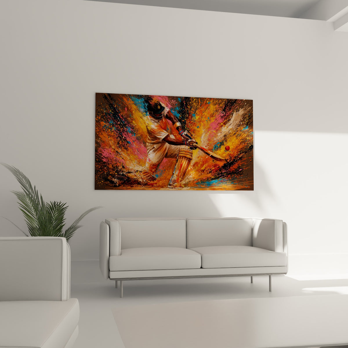 Batteur en action éclaboussé de couleurs orange et rose, au-dessus d'un canapé dans un salon lumineux