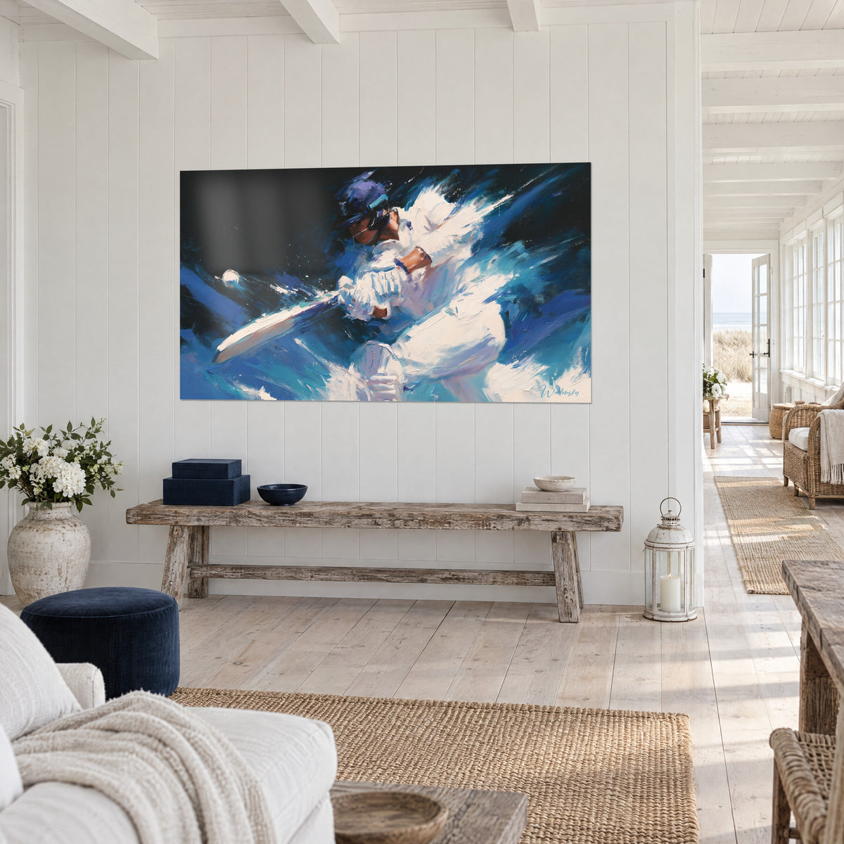 Athlète en tenue blanche frappant la balle sur fond turquoise et anthracite, au-dessus d'un canapé dans un salon lumineux