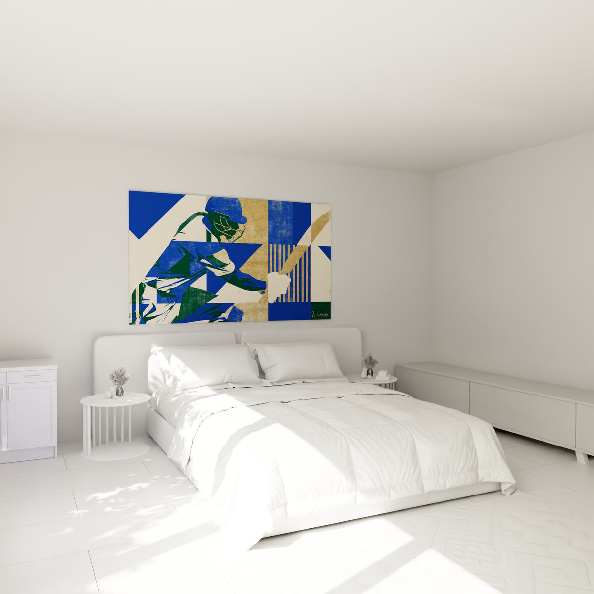 Silhouette de batteur cricket bleu marine et dorée accrochée au-dessus d'un lit dans une chambre claire