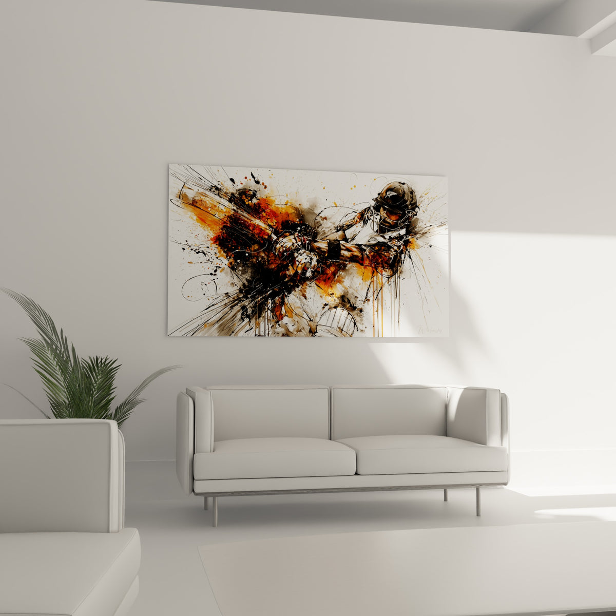 Sportif ganté et casqué en plein geste orange et noir au-dessus d'un canapé dans un salon lumineux