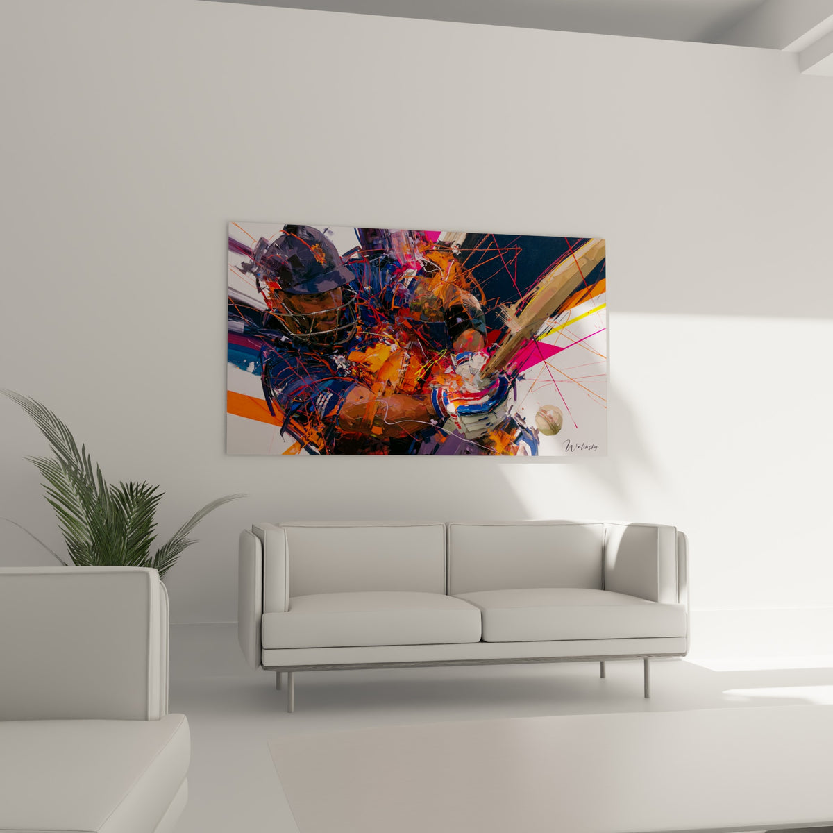Frappe intense d'un batteur ganté, jaillissements orange et rose vif, au-dessus d'un canapé dans un salon lumineux