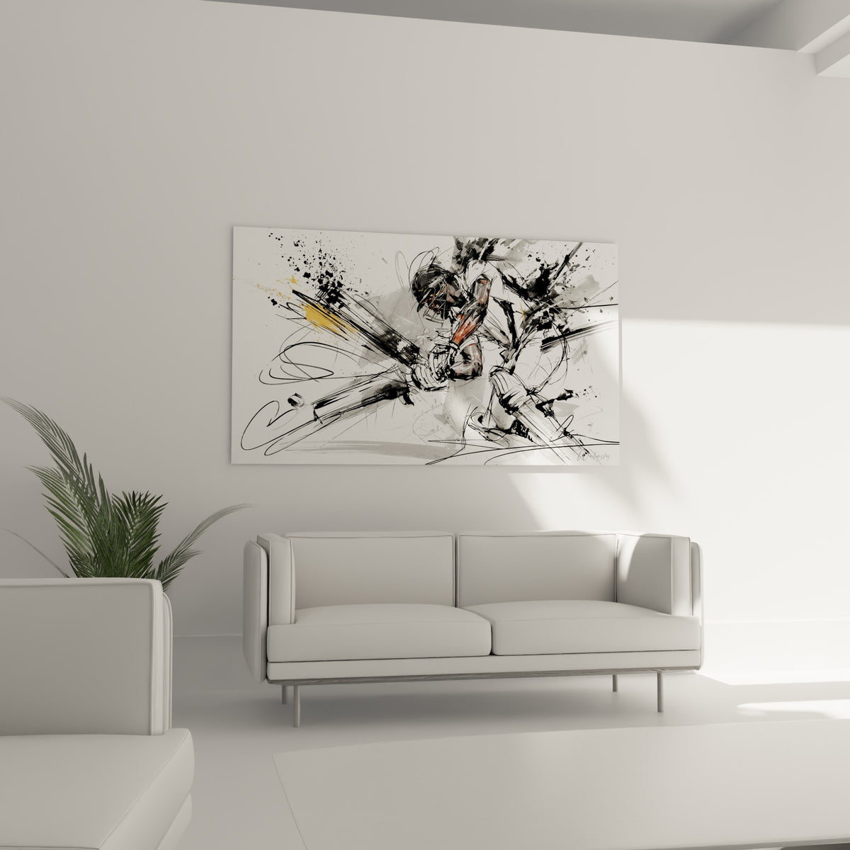 Geste sportif esquissé en noir et blanc, éclats ocre dynamiques, au-dessus d'un canapé dans un salon lumineux