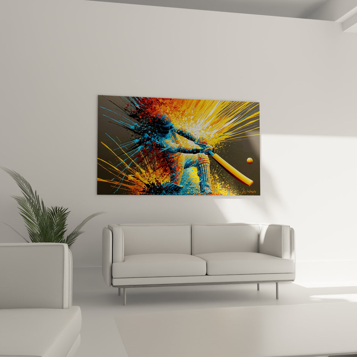 Impact du coup de batte en orange et bleu, œuvre accrochée au-dessus d'un canapé dans un salon lumineux