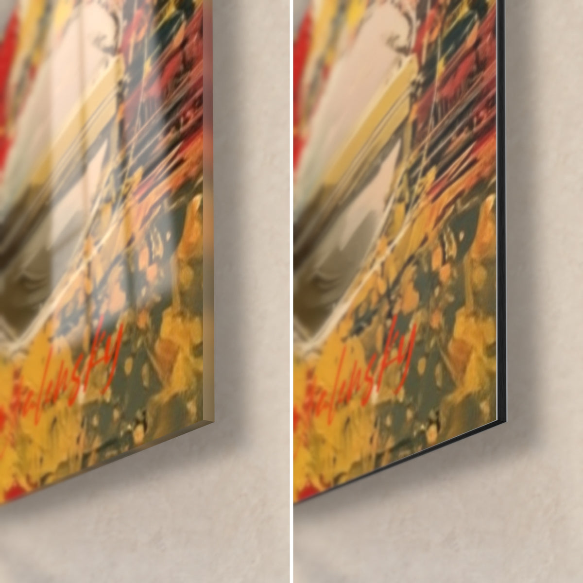Quadro battitore sfavillante, angolo in basso a destra in giallo e rosso: vetro acrilico lucido a sinistra, alluminio Dibond opaco a destra, bordo di 3 mm