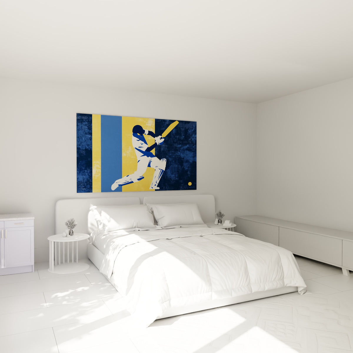 Joueur de cricket stylisé en bleu marine et jaune doré, au-dessus d'un lit dans une chambre claire