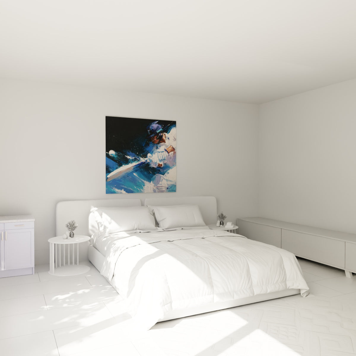 Joueur de cricket en tenue blanche et bleue accroché au-dessus d'un lit dans une chambre claire