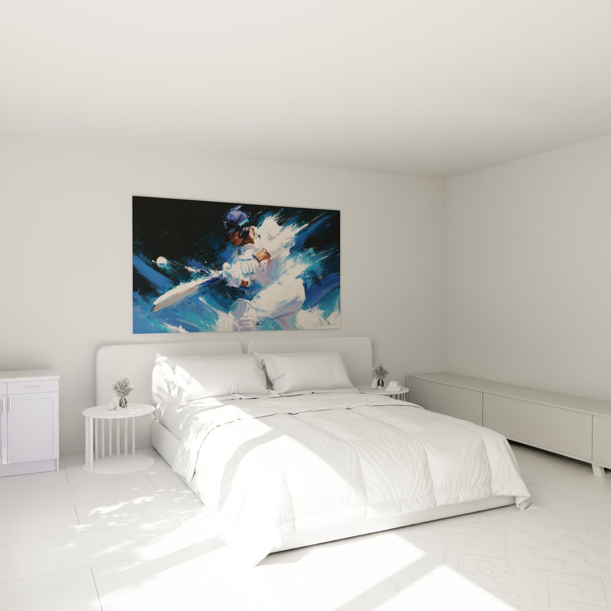 Joueur de cricket en blanc éclatant sur fond bleu marine, accroché au-dessus d'un lit dans une chambre claire