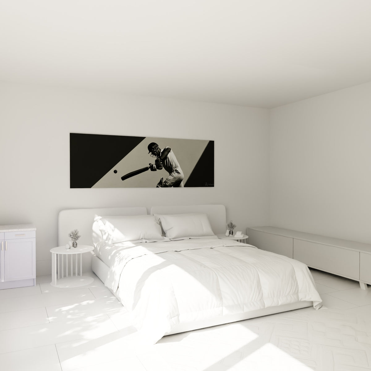 Joueur de cricket en tenue blanche et casque noir au-dessus d'un lit dans une chambre claire