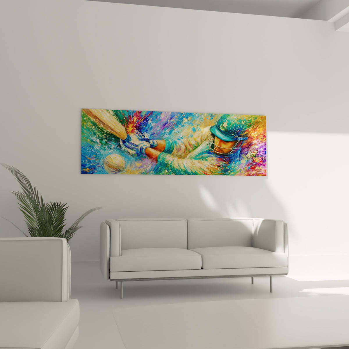 Scène de frappe orangée et bleu pastel au-dessus d'un canapé dans un salon lumineux