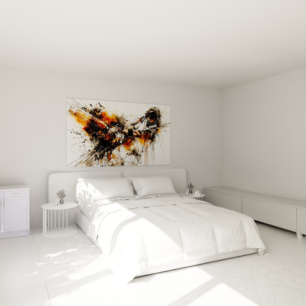 Joueur de cricket casqué aux teintes orange et anthracite au-dessus d'un lit dans une chambre claire