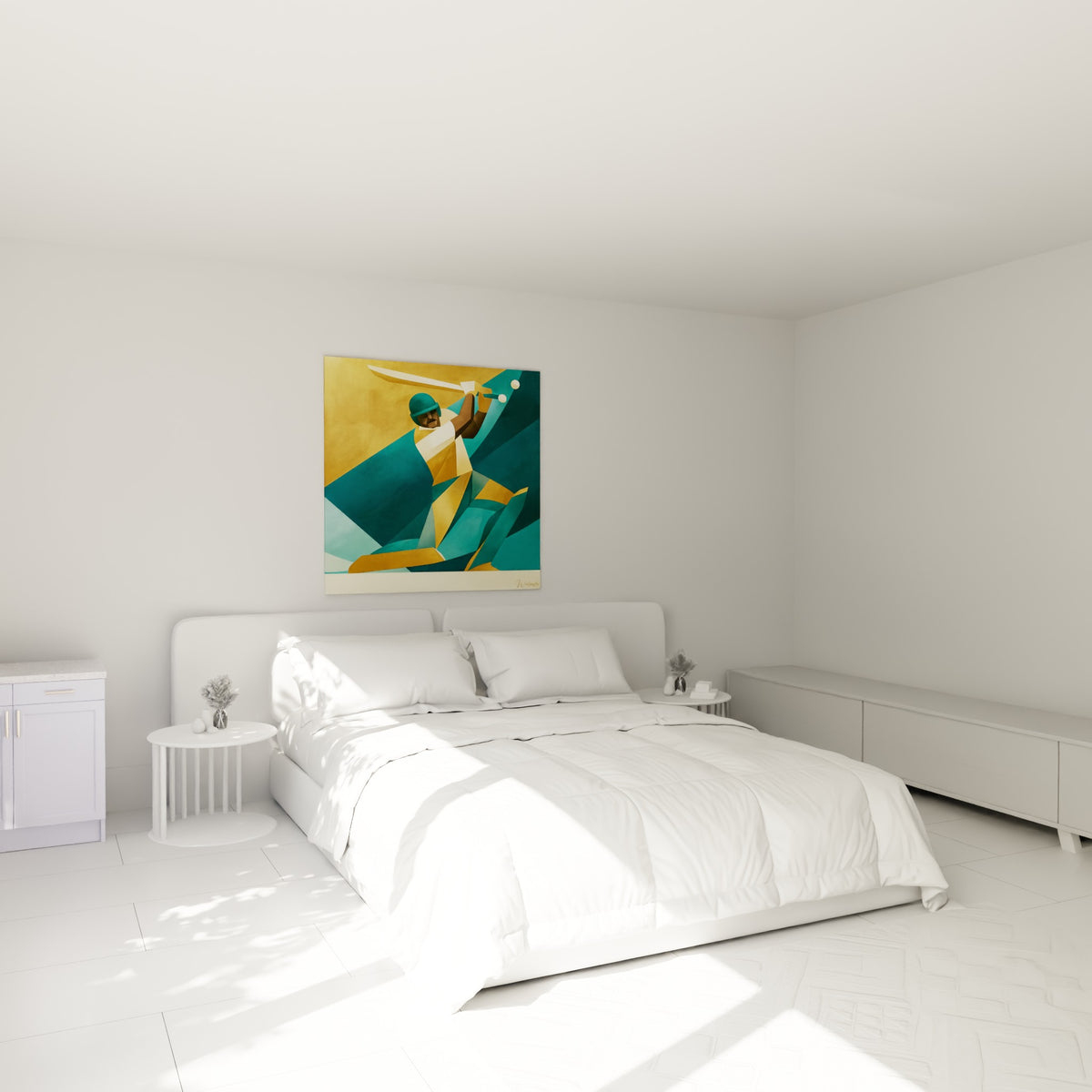 Sportif au geste puissant, tons ocre et bleu profond, accroché au-dessus d'un lit dans une chambre claire