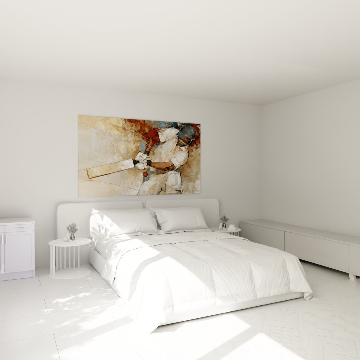 Joueur de cricket en tenue blanche et casque bleu marine accroché au-dessus d'un lit dans une chambre claire