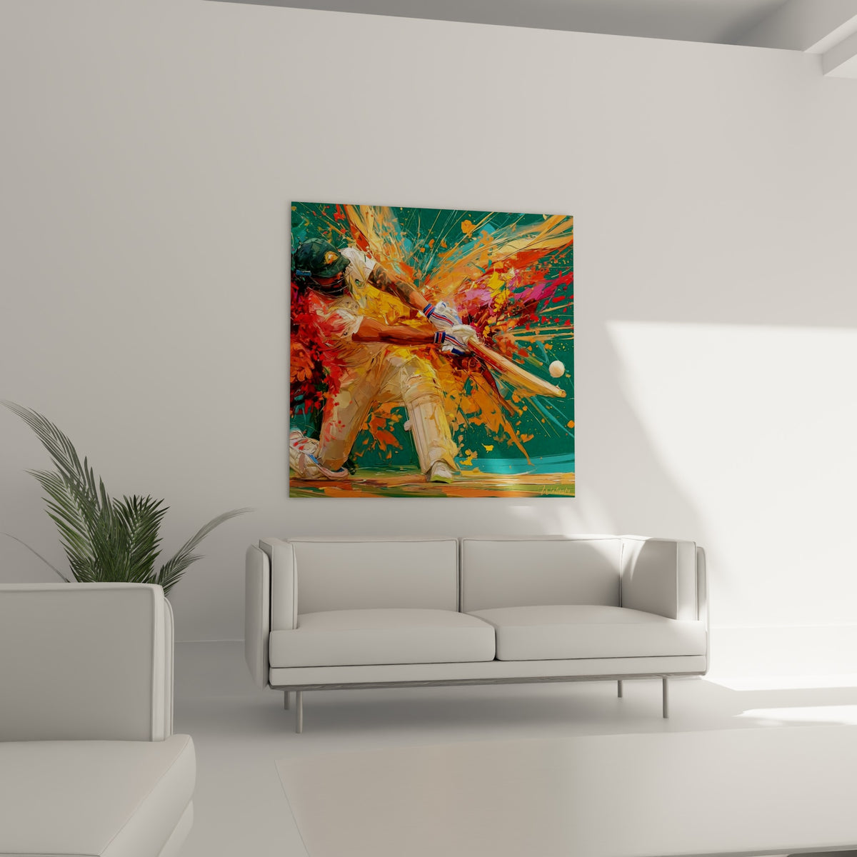 Frappeur de cricket entouré d'éclats magenta et terracotta, disposé au-dessus d'un canapé dans un salon lumineux
