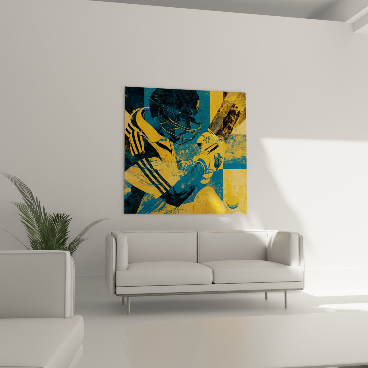 Casque bleu profond et maillot rayé jaune du batteur de cricket, au-dessus d'un canapé dans un salon lumineux