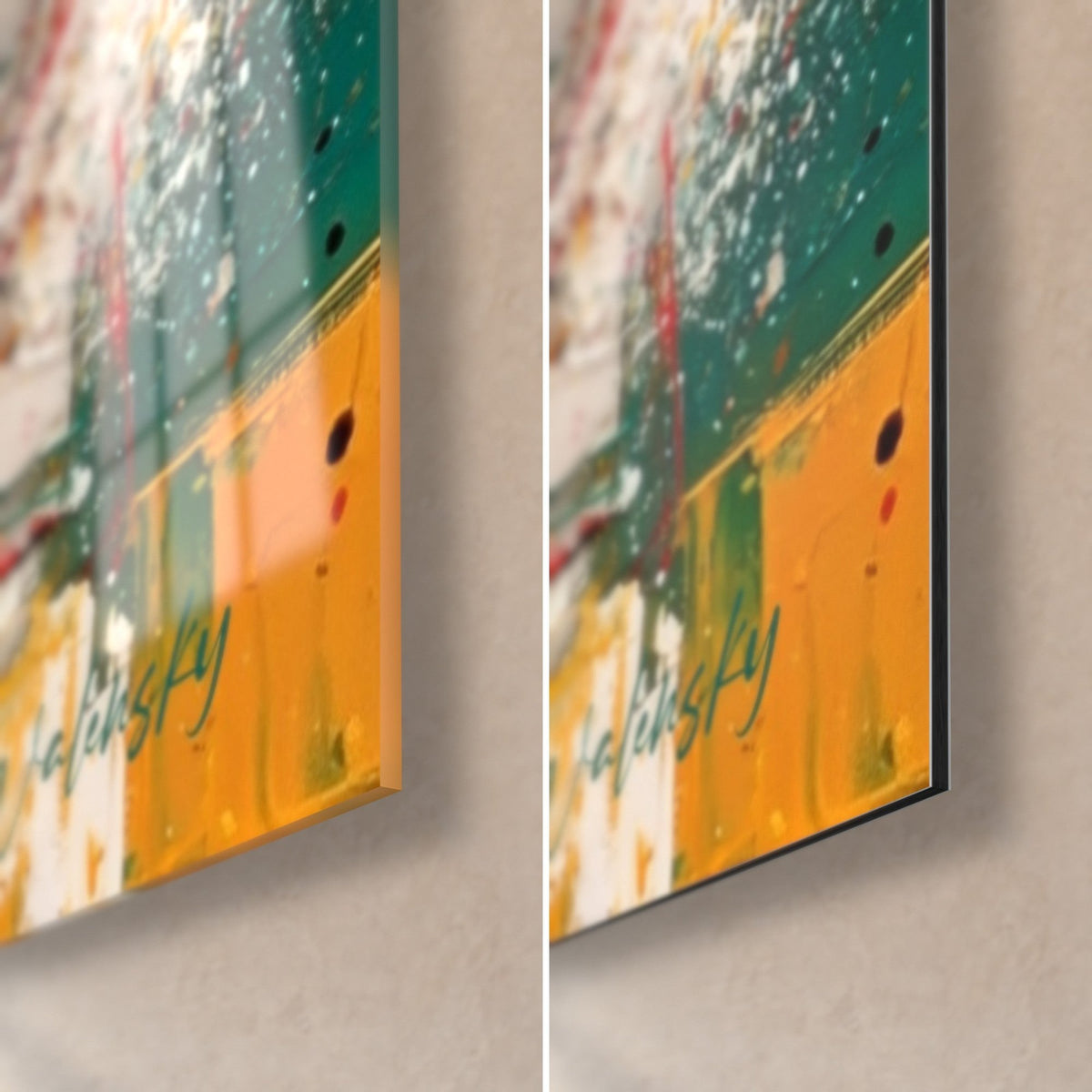 Quadro cricketer con mazza arancione, angolo in basso a destra: vetro lucido che riflette, alluminio Dibond opaco verde e giallo, spessore 3 mm