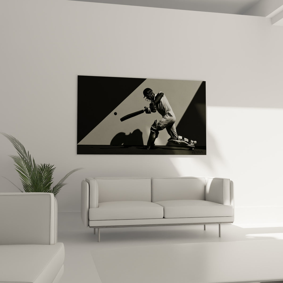 Sportif en tenue de cricket grisée, ombre projetée en diagonale, au-dessus d'un canapé dans un salon lumineux
