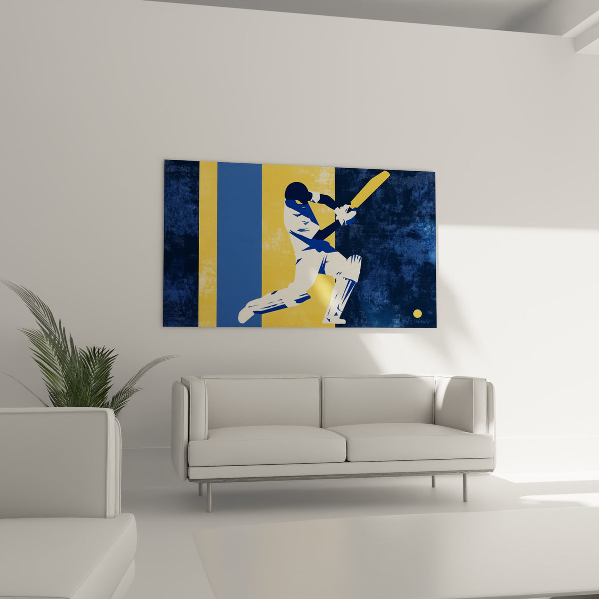 Silhouette dynamique d'un batteur bleu marine et doré, au-dessus d'un canapé dans un salon lumineux