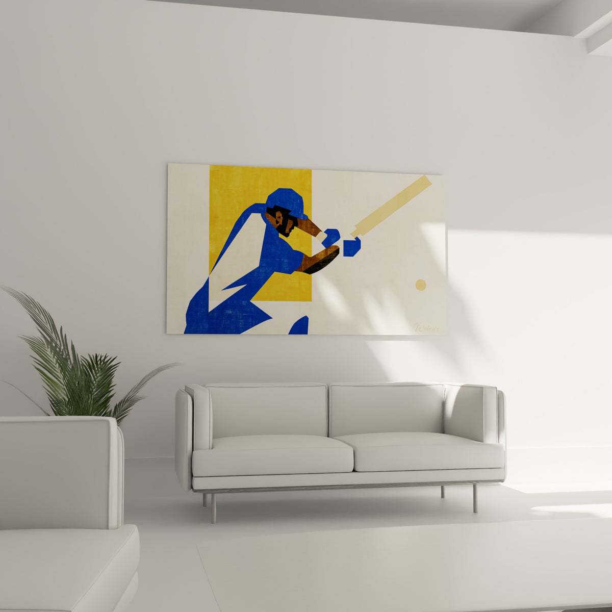 Silhouette bleue du batteur sur fond jaune moutarde, au-dessus d'un canapé dans un salon lumineux
