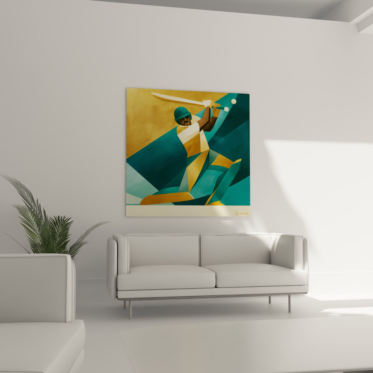 Joueur de cricket stylisé, teintes dorées et sarcelle, placé au-dessus d'un canapé dans un salon lumineux