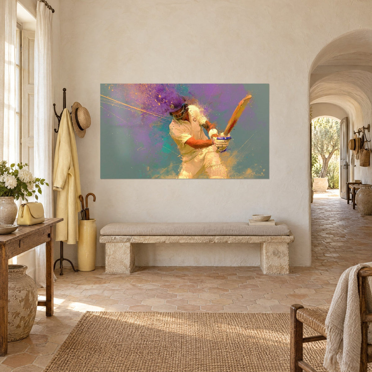 Sportif de Cricket doré et bleu pastel figé dans l'action, au-dessus d'un canapé dans un salon lumineux