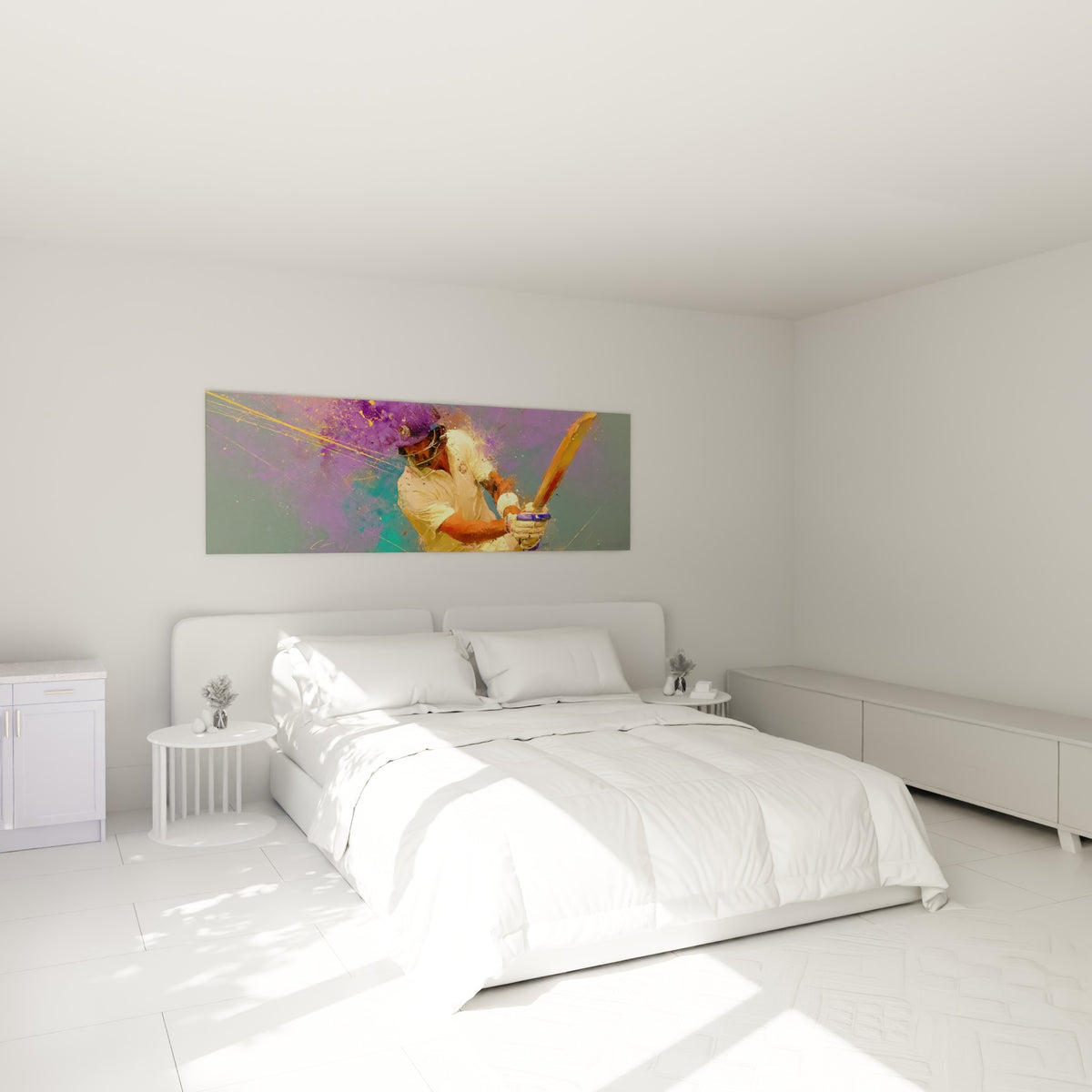 Sportif de cricket peint en violet et turquoise, accroché au-dessus d'un lit dans une chambre claire