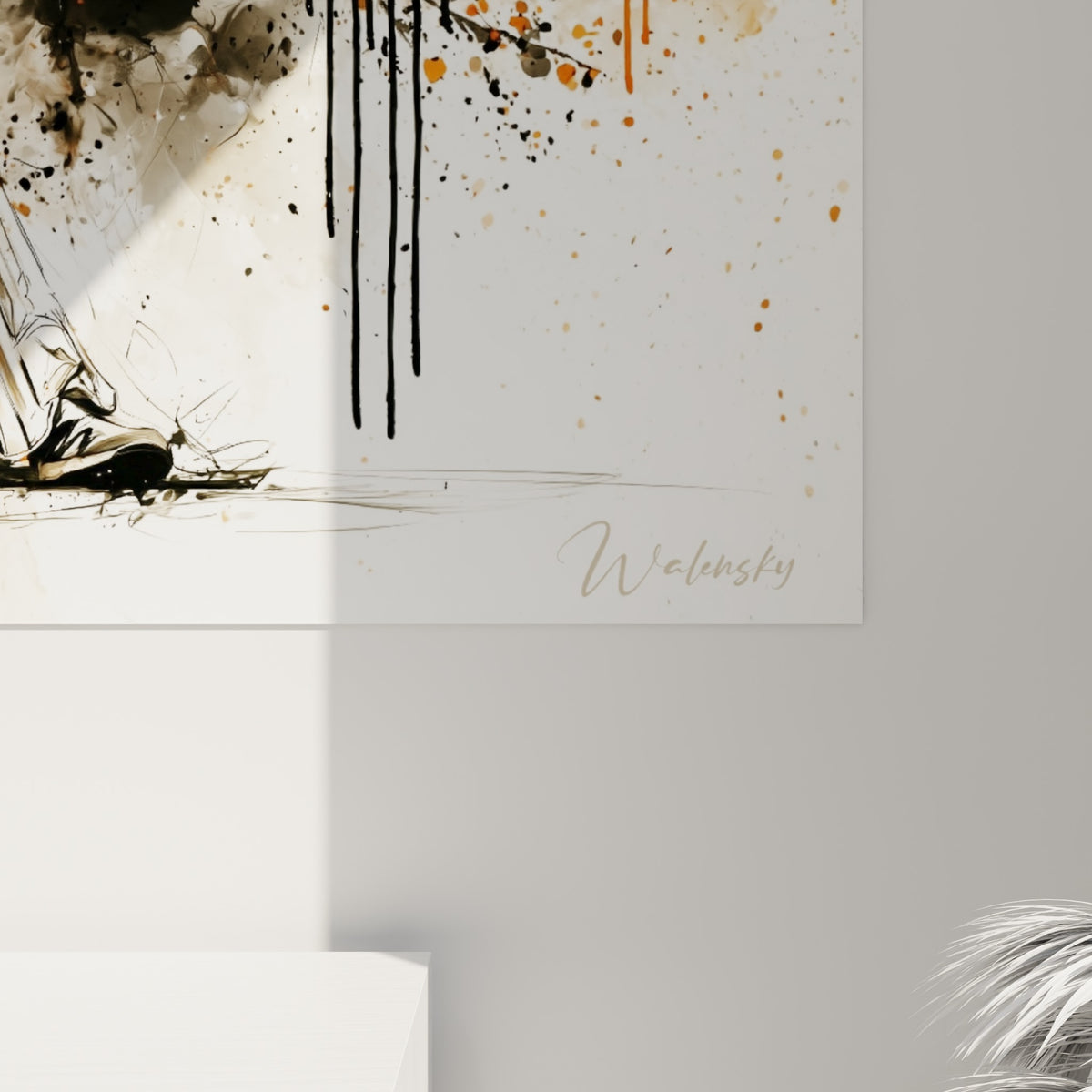 Matière picturale du tableau cricket révélant coulures orange fauve et projections noir anthracite sur toile