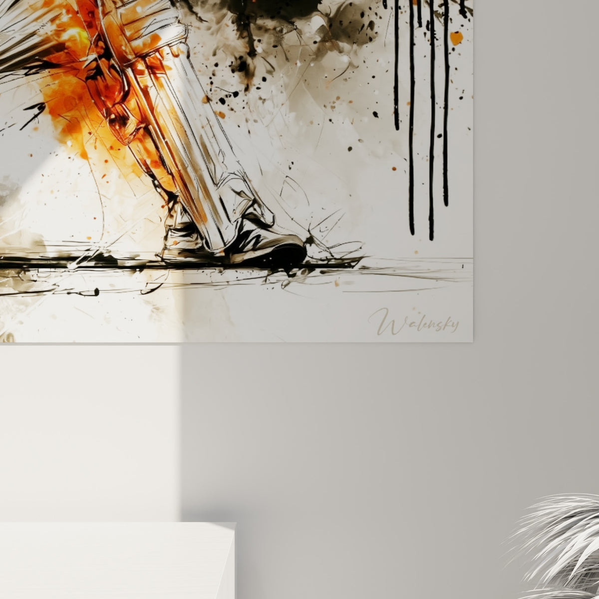 Empâtements orange et coulures noires sur la toile, grain visible autour du casque et de la batte du joueur