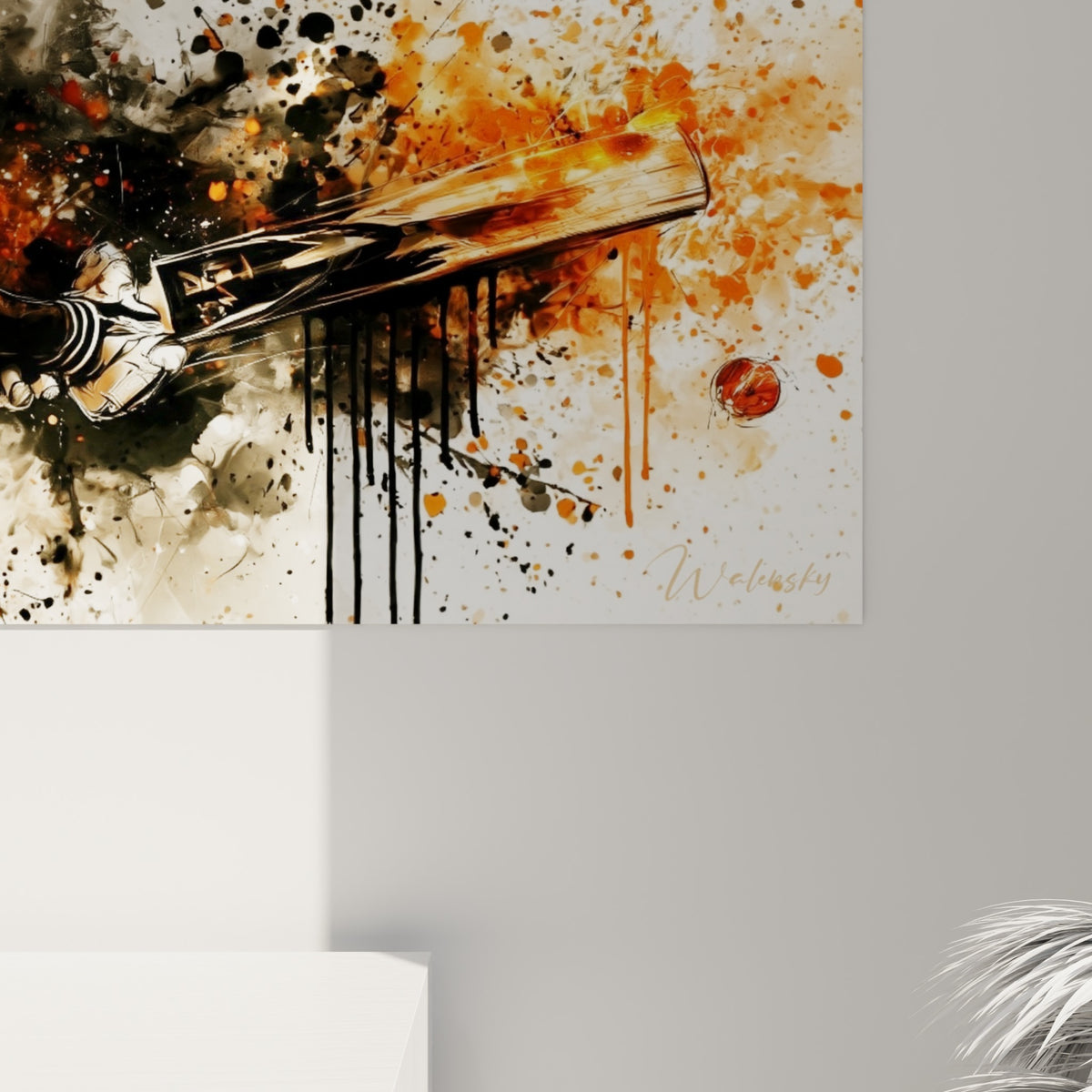 Matière picturale du batteur cricket, coulures noires et touches orange brûlé visibles de près sur la toile.