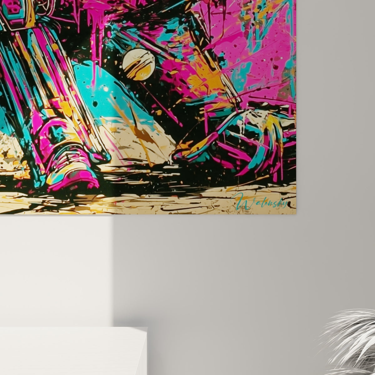 Coulures de peinture orange doré et éclats turquoise formant la texture brute de ce tableau cricket
