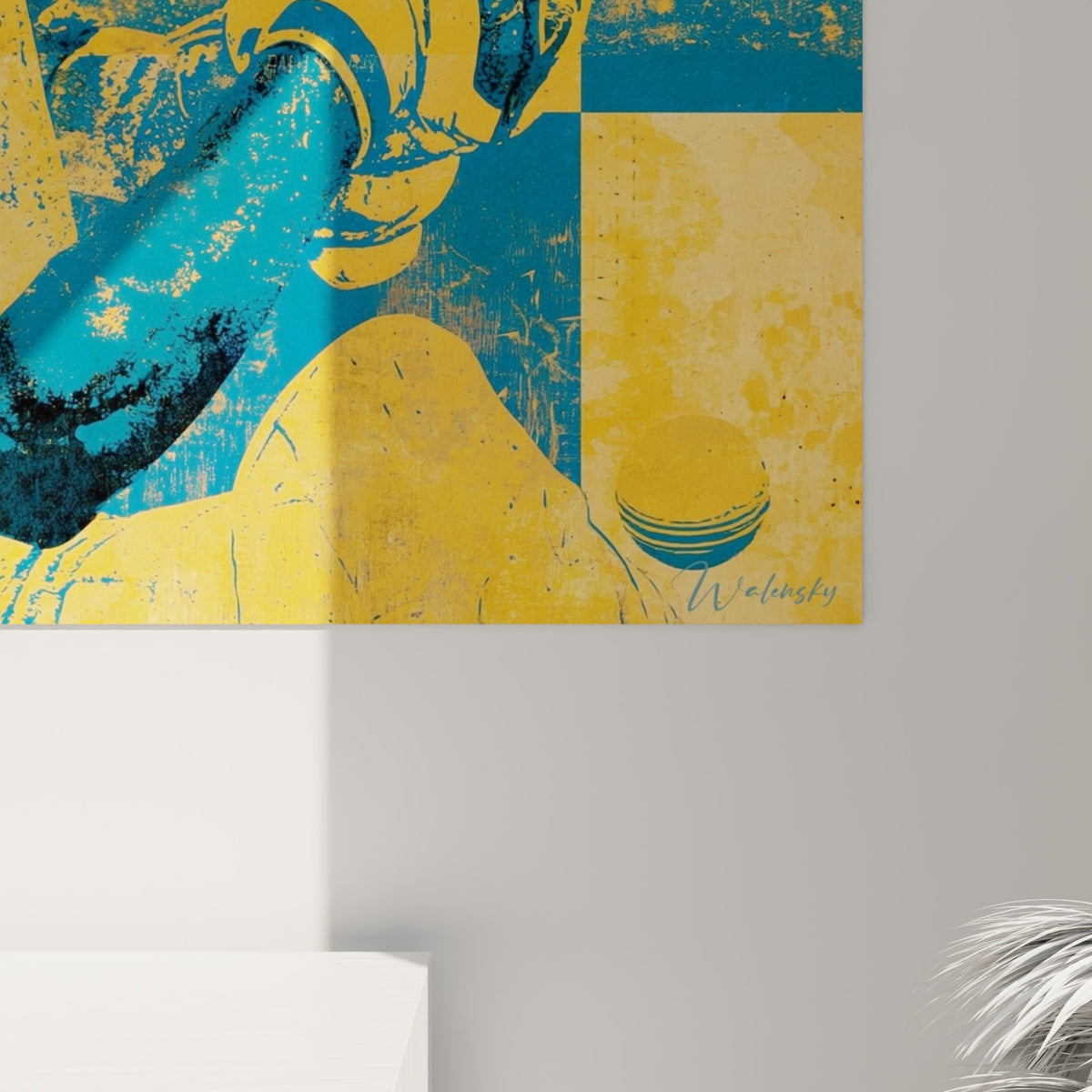 Grain sérigraphié bleu et jaune du tableau cricket, empâtements et coulures visibles sur la toile