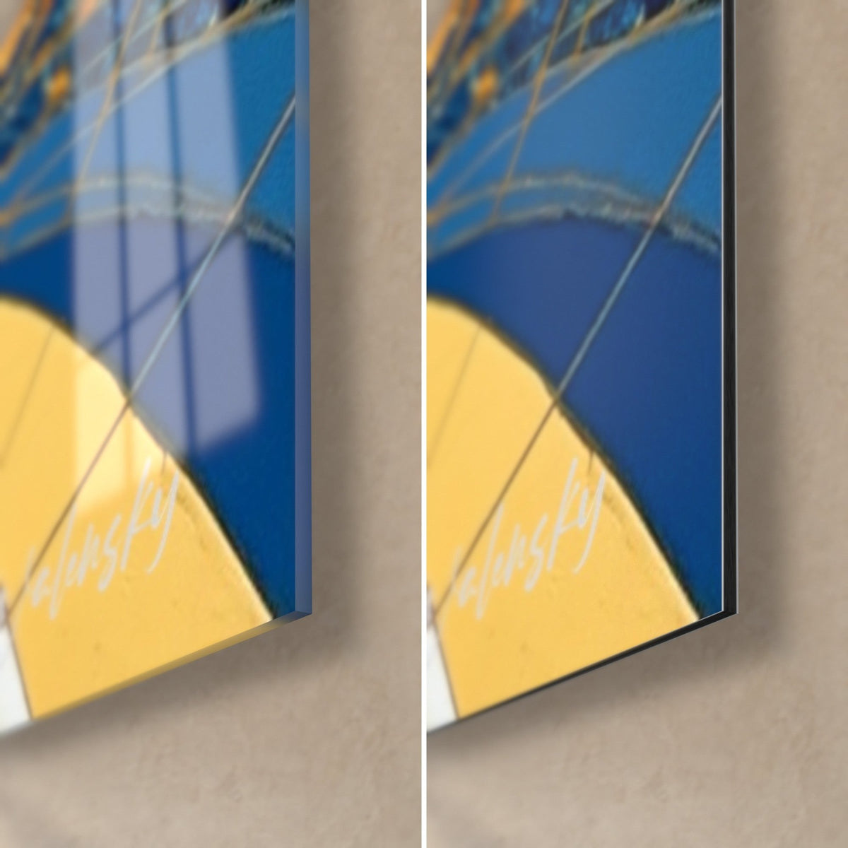Wall art of a cricket batter in blue and yellow stained glass, bottom right corner: glossy glass on the left, matte Dibond on the right, thin edge