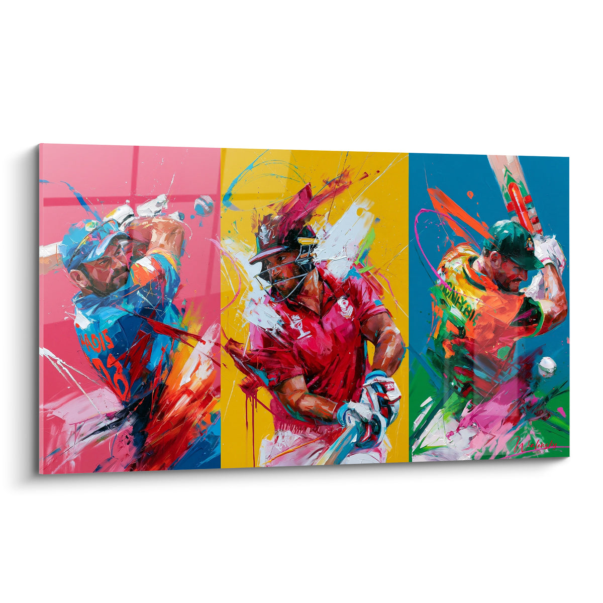 Triptyque cricket aux fonds rose, jaune et bleu, batteurs saisis en pleine frappe