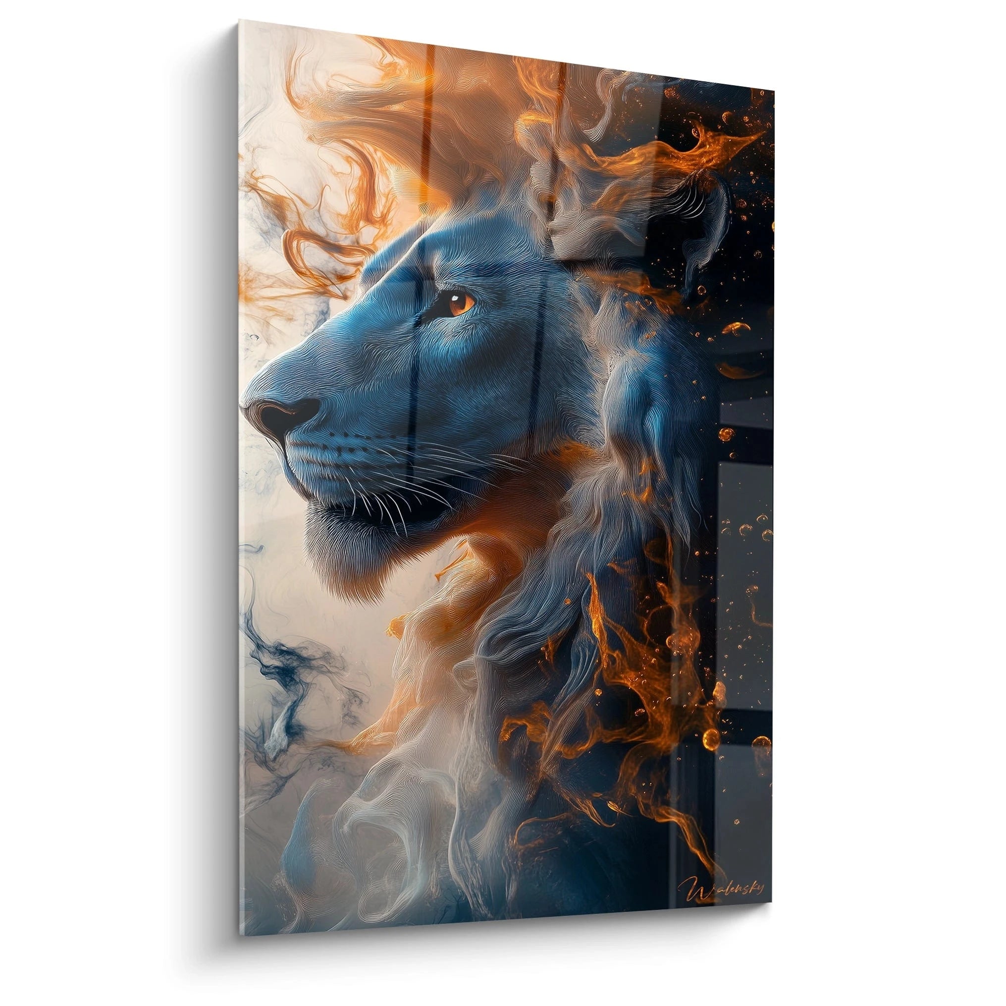 Un tableau lion cosmique présentant un profil bleu intense d'un félin dont la crinière se dissout en vagues orange flamboyantes sur fond noir profond, avec des textures fluides et ondulantes créant un effet de mouvement perpétuel.
