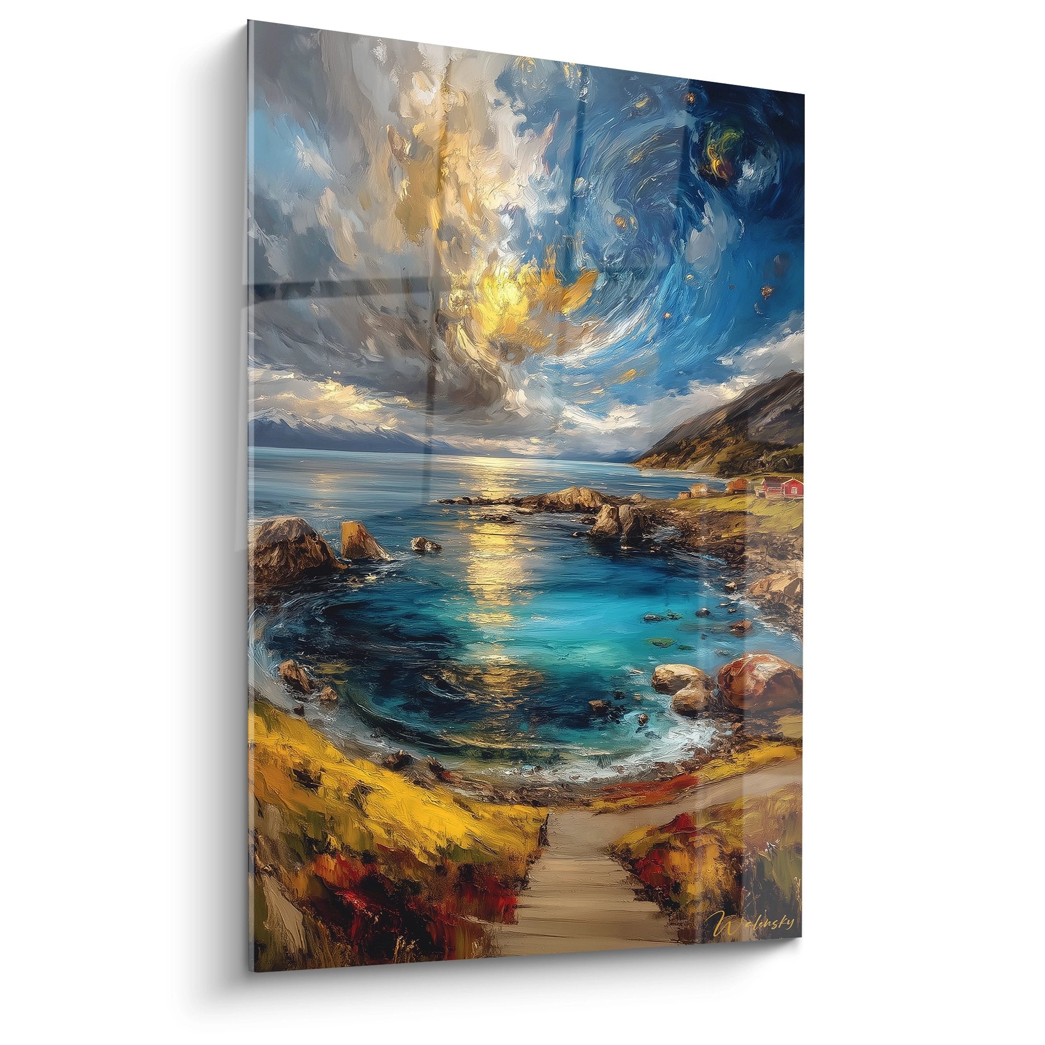 Tableau mural crique norvégienne avec tourbillon céleste doré et eaux turquoise cristallines