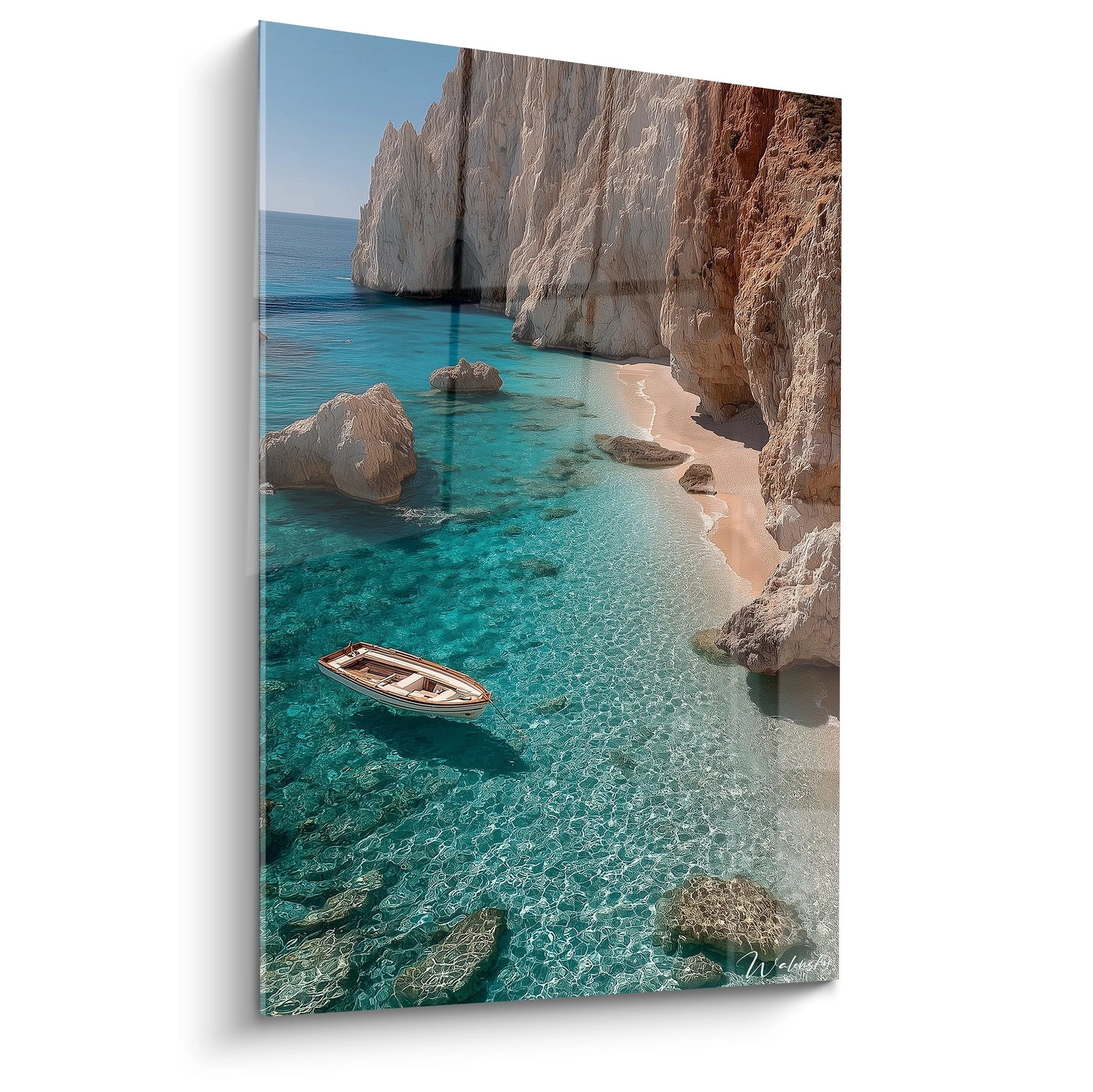 Tableau mural crique paradisiaque avec bateau sur eaux turquoise et falaises blanches méditerranéennes