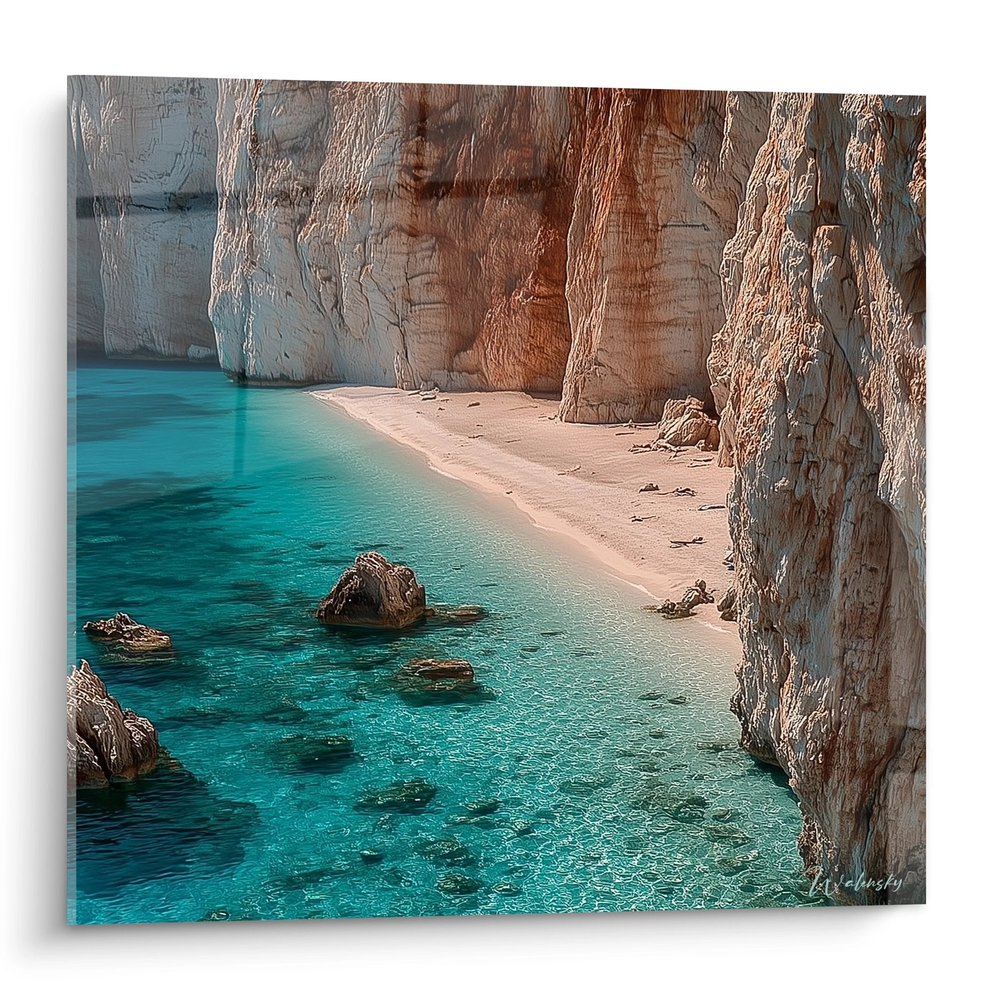 Tableau mural crique paradisiaque eaux turquoise falaises blanches plage sable fin décoration maritime