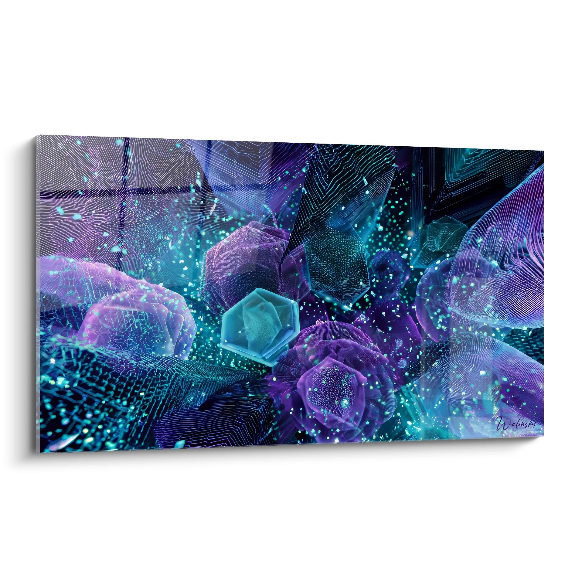 Tableau mural cristaux futuristes violets et turquoise, art numérique abstrait moderne