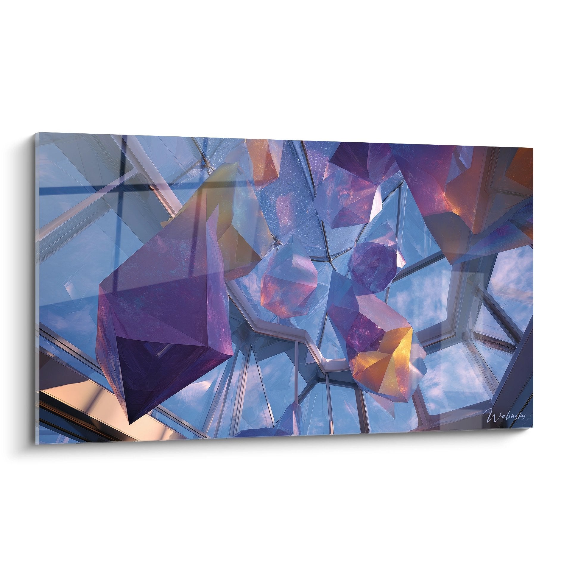 Tableau mural cristaux géométriques bleus et violets style architecture moderne contemporaine