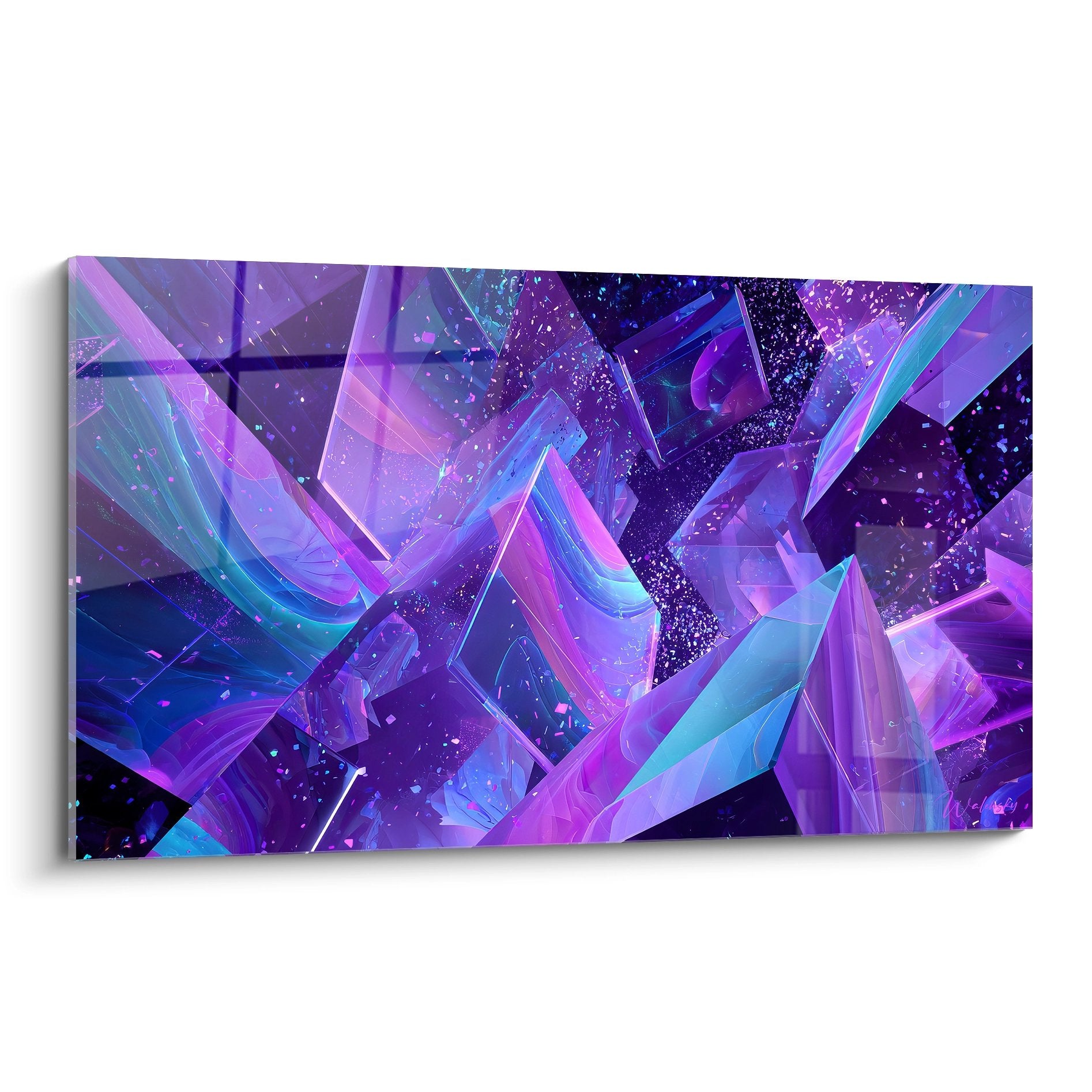 Tableau mural cristaux géométriques violets et bleus, art futurisme abstrait avec formes transparentes cosmiques