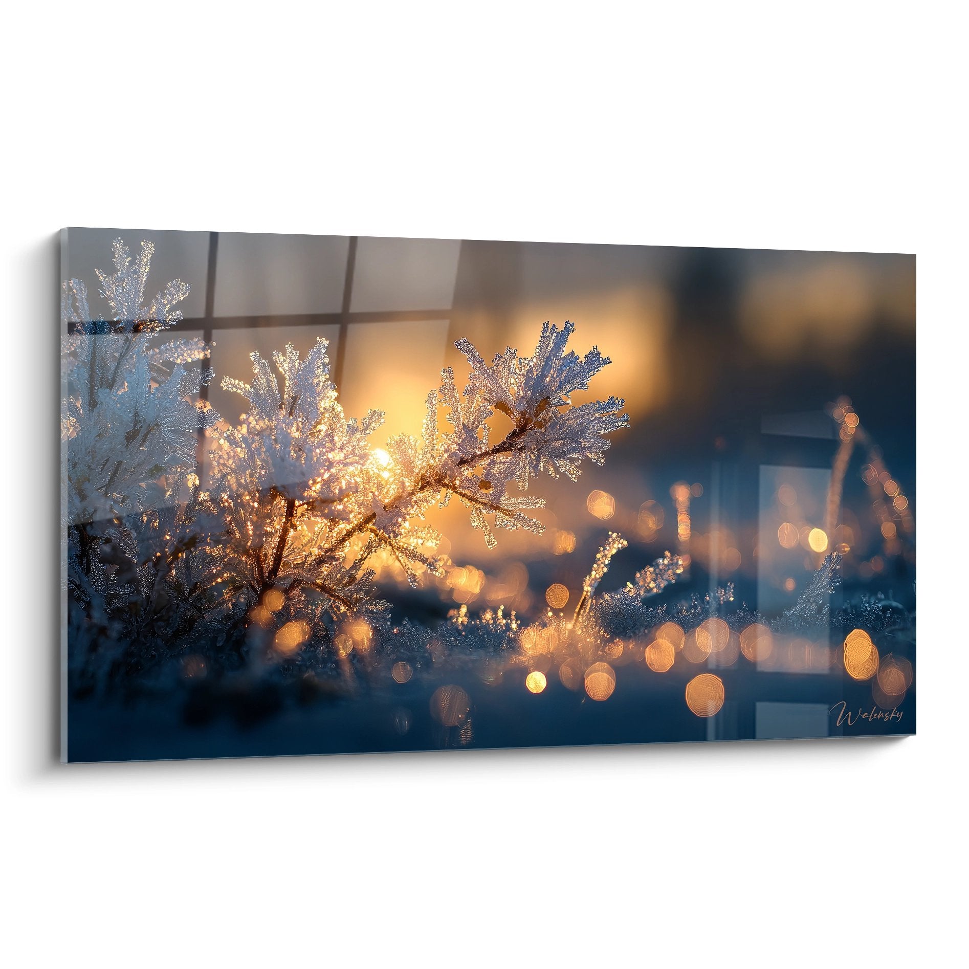 Tableau mural cristaux de givre illuminés avec bokeh doré, art photographique hivernal décoratif