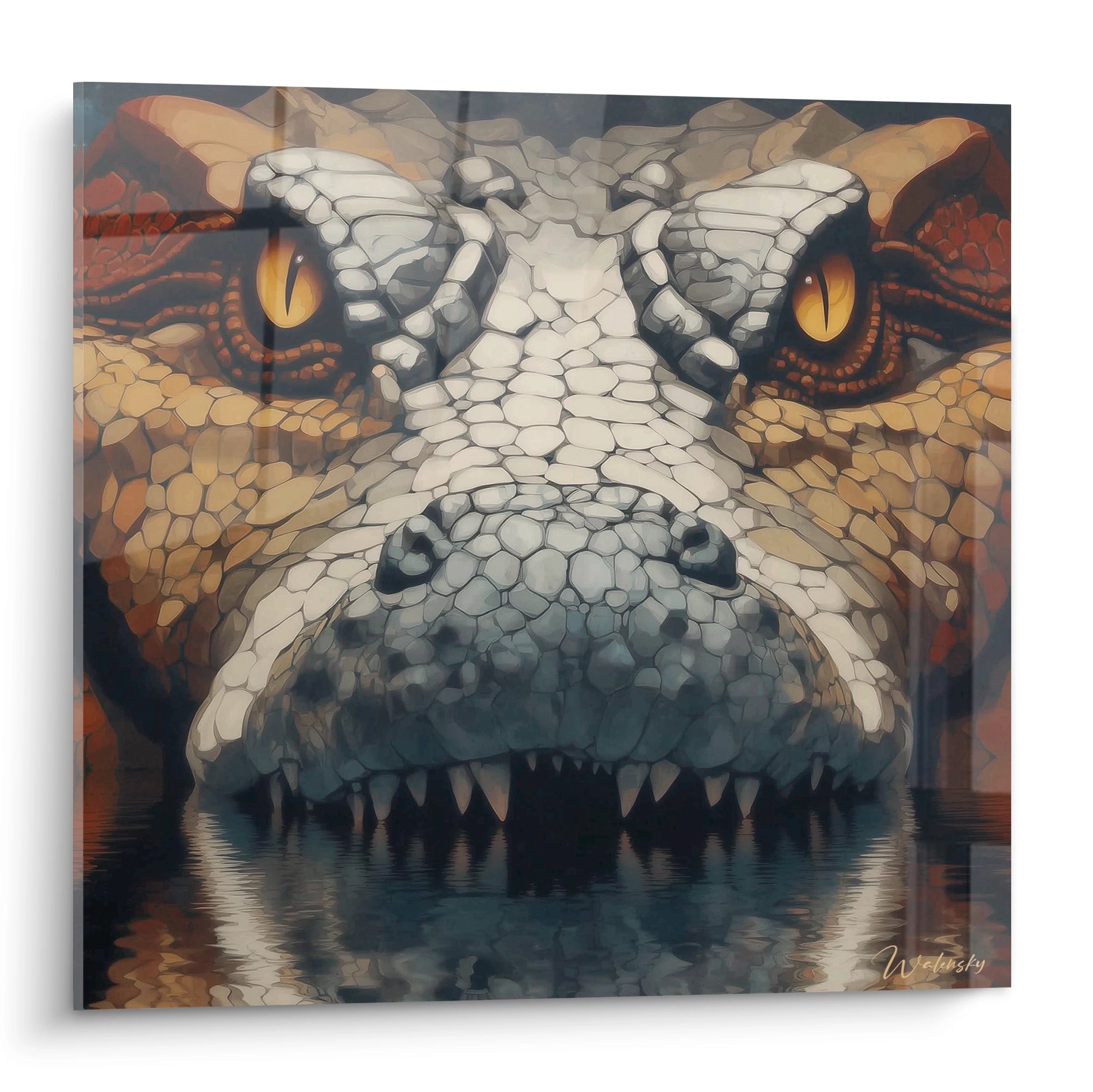 Tableau mural crocodile ancien aux yeux dorés et texture écailleuse détaillée sur fond aquatique