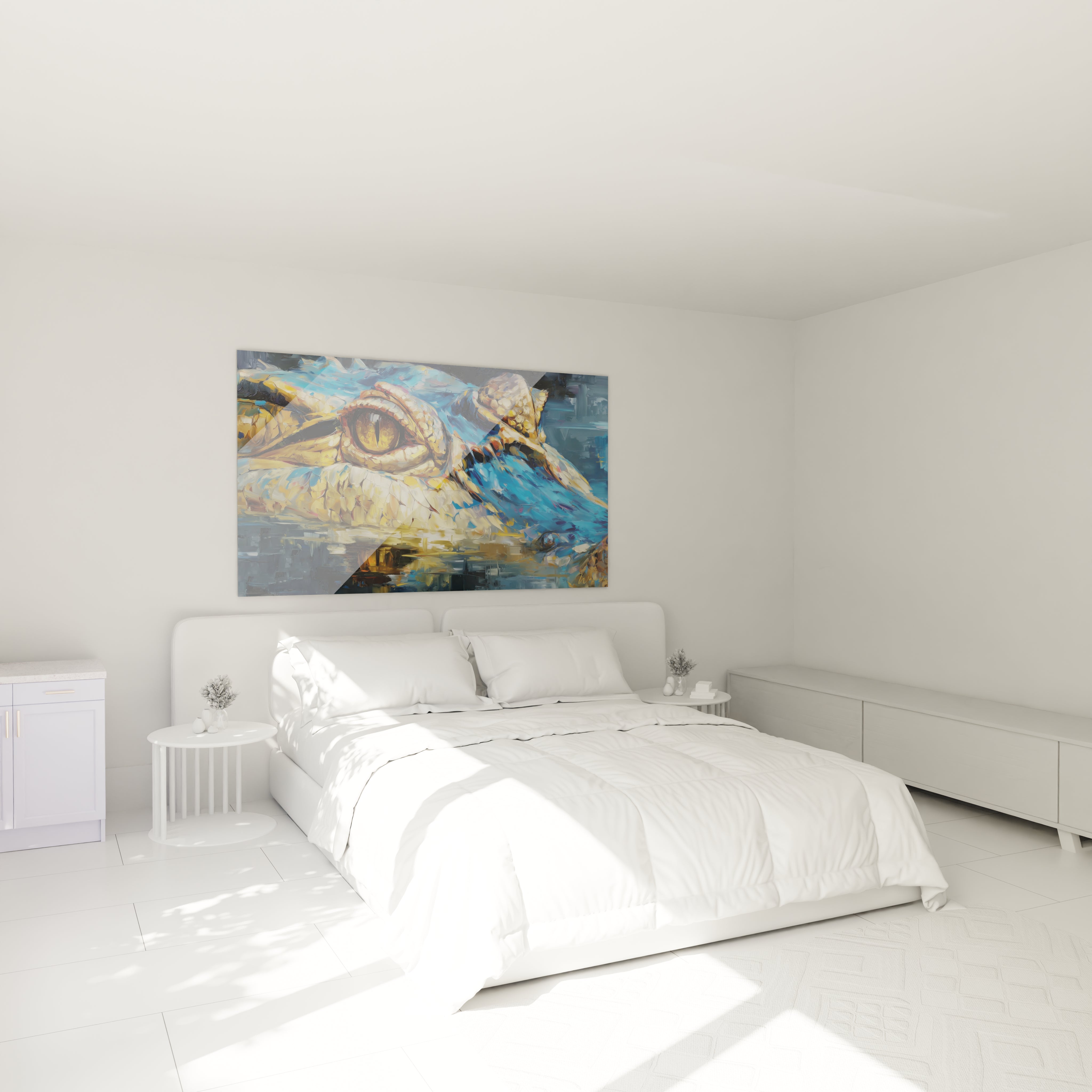 Tableau crocodile décoratif dans chambre moderne, art mural nature ambiance contemporaine